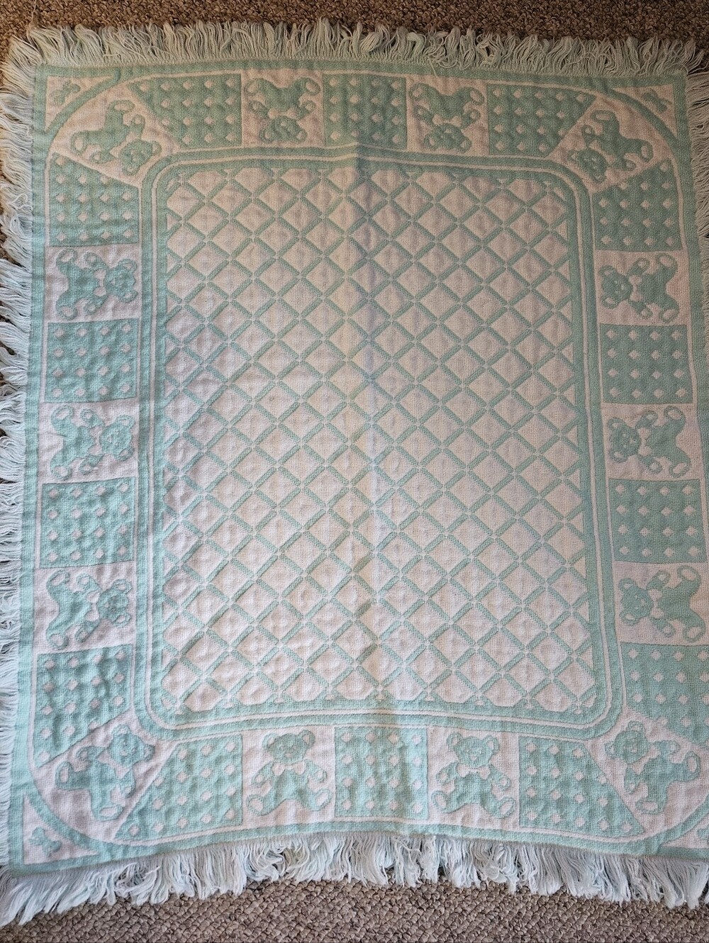 Vintage Teddy Bear Seafoam Green White Woven Baby Blanket